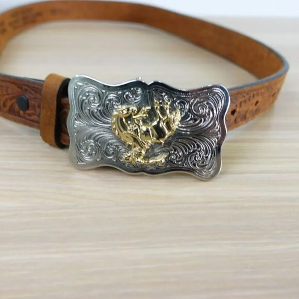 Western Top Grain Leather Belt‎ XS 28 JUSTIN Brown Tooled Rodeo Cowboy Buckle